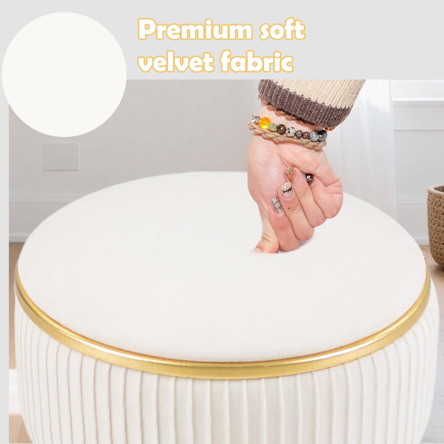 MRITWAII Adjustable Vanity Stool with Storage, 360° Swivel Makeup Stool Chair Small Velvet Round Ottoman with Gold Base for Bedroom (Beige)
