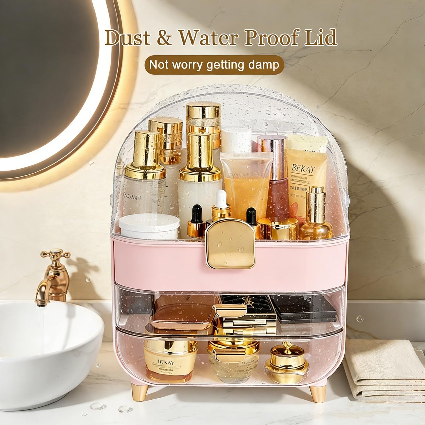 Makeup Organizer with 360 Rotating Brush Holder, Large Skincare Organizer for Vanity, Dustproof Cosmetic Display Case with 2 Drawers for Bathroom Countertop, 16" Tall Portable Beauty Storage,pink