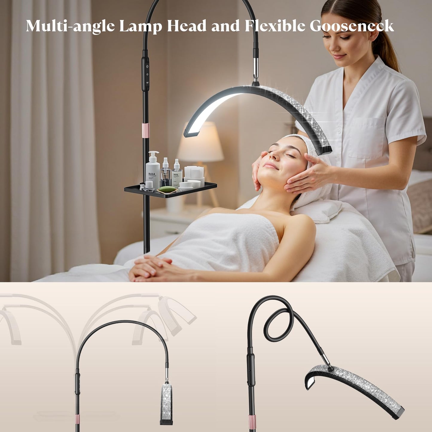 Mznoo Lash Light, 23 Inch Bling Diamond Half Moon Light for Eyelash Extensions, Nail Art, Tattoo Art and Skincare, Adjustable Color Modes and Flexible, with Tool Tray (Black)