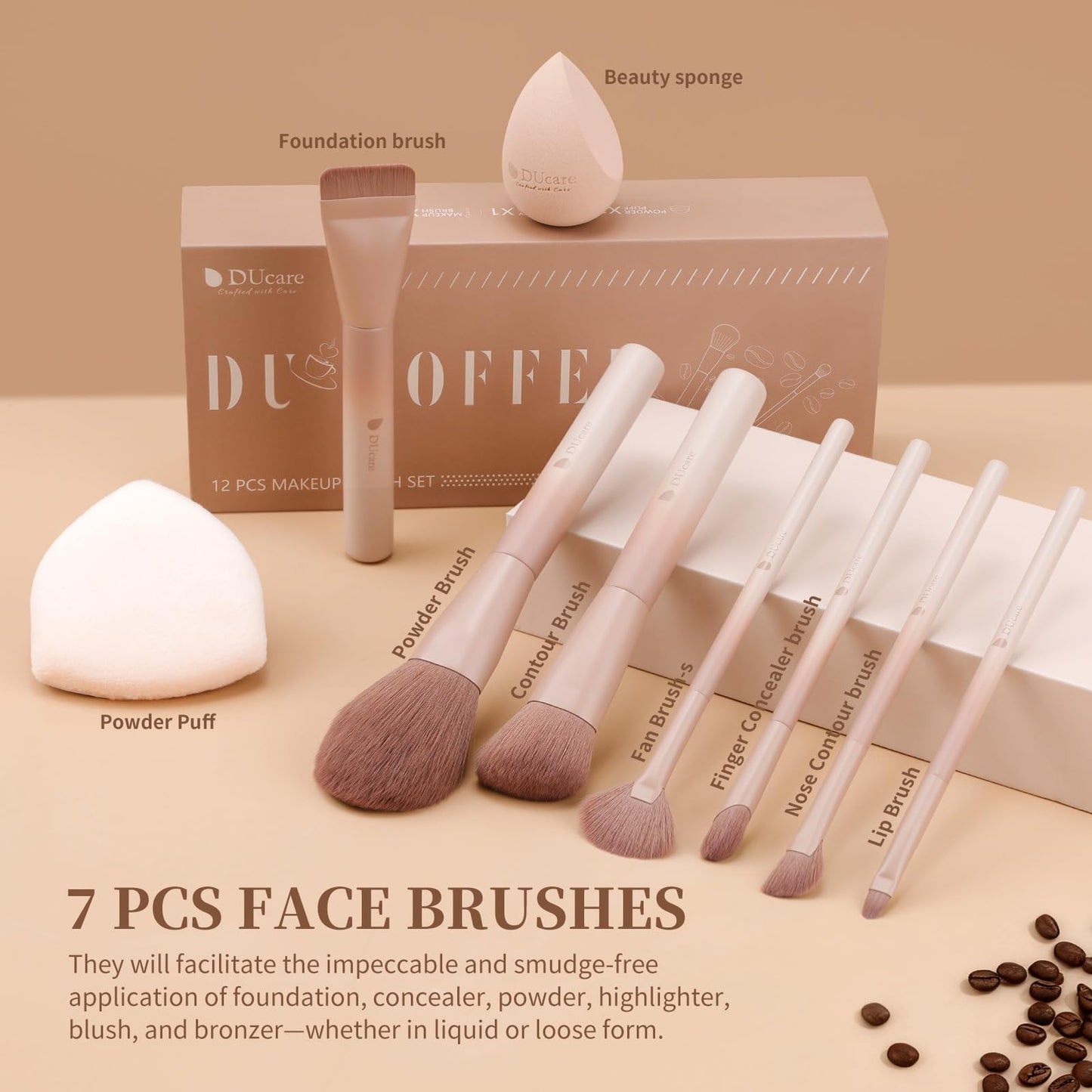 DUcare 14pcs Makeup Gift Set,12Pcs Coffee Series Makeup Brush set with 2pcs Makeup Sponges Foundation Blending Face Powder Blush Eye Shadows Brushes