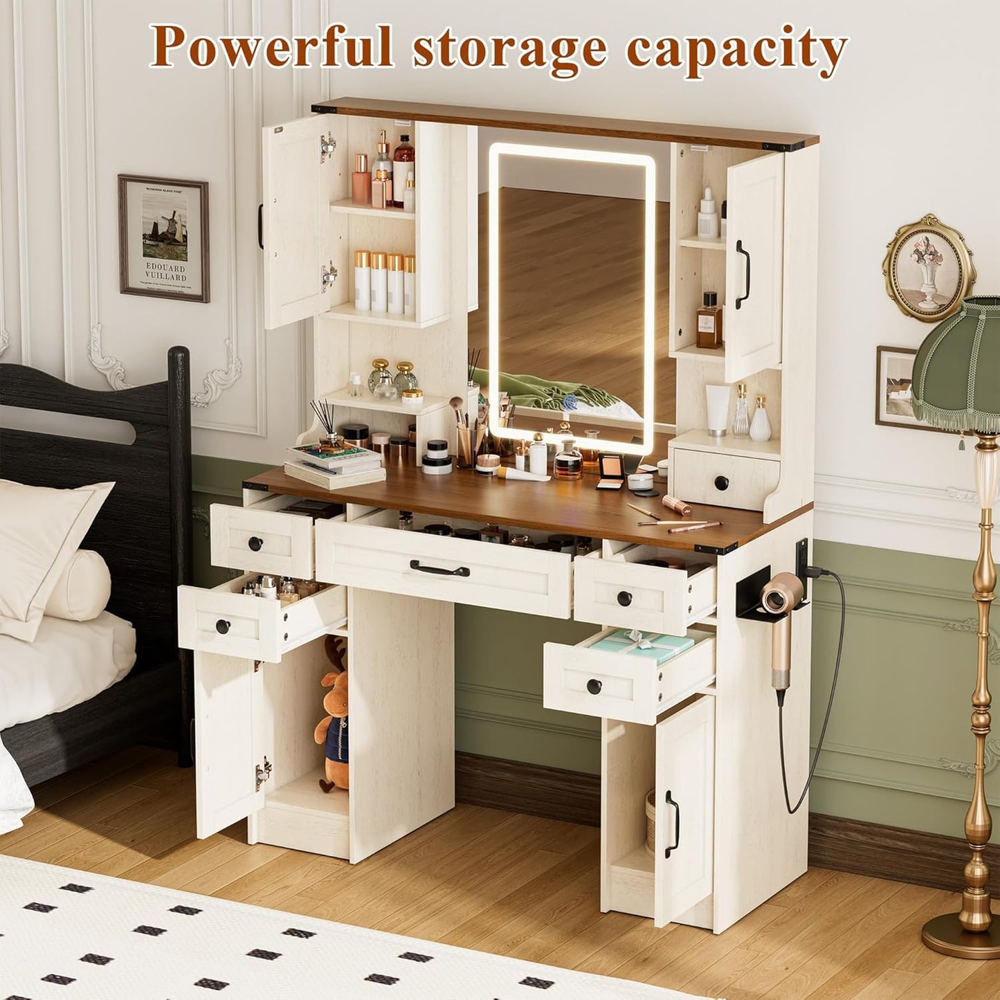 YBXGO Makeup Vanity with Mirror and Light, 3 LED Lighting Modes, Large Dressing Table with 5 Drawers & 4 Storage Cabinets, Vanity Desk with Hair Dryer Rack for Girls Bedroom（045 Brown ）