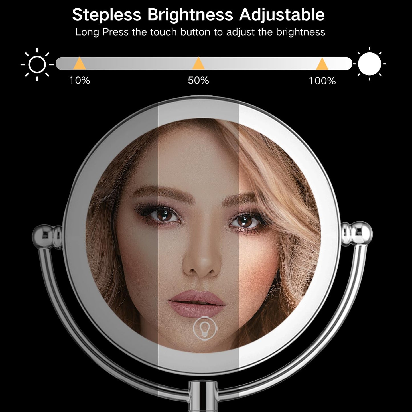 AMZNEVO Wall Mounted Makeup Mirror with Magnification, 8" 1X/10X Magnifying Mirror Wall Mounted for Bathroom, 3 Color Light, Touch Dimmable, 360° Swivel, Extendable Arm, 2-Sided, Plug-in & Hardwire