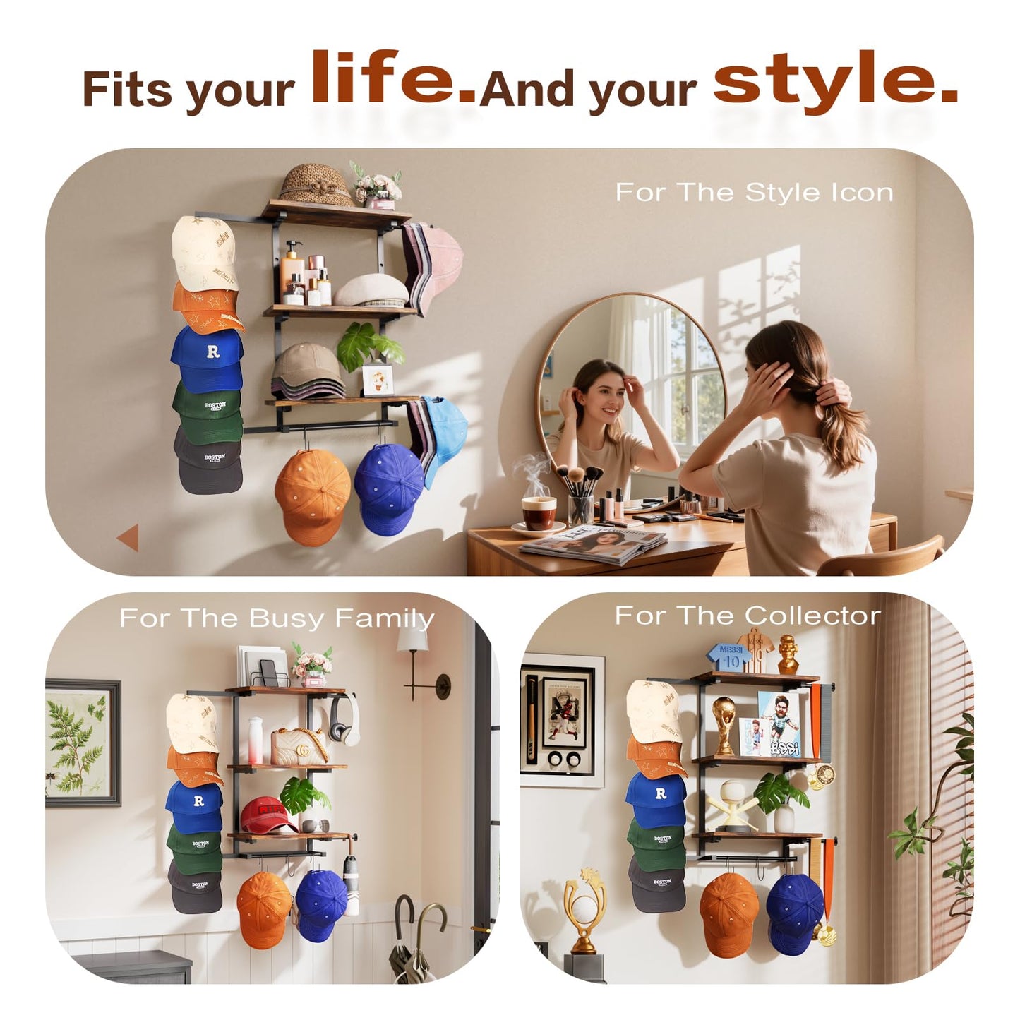 Keebofly Hat Rack for Wall with Shelf for Handbags, Purse,Bennies, Perfumes & Cosmetics Display, Hat Holder Storage for 100+ Caps, Baseball Cap Organizer & Beanie Holder for Closet, Entryway, Bedroom