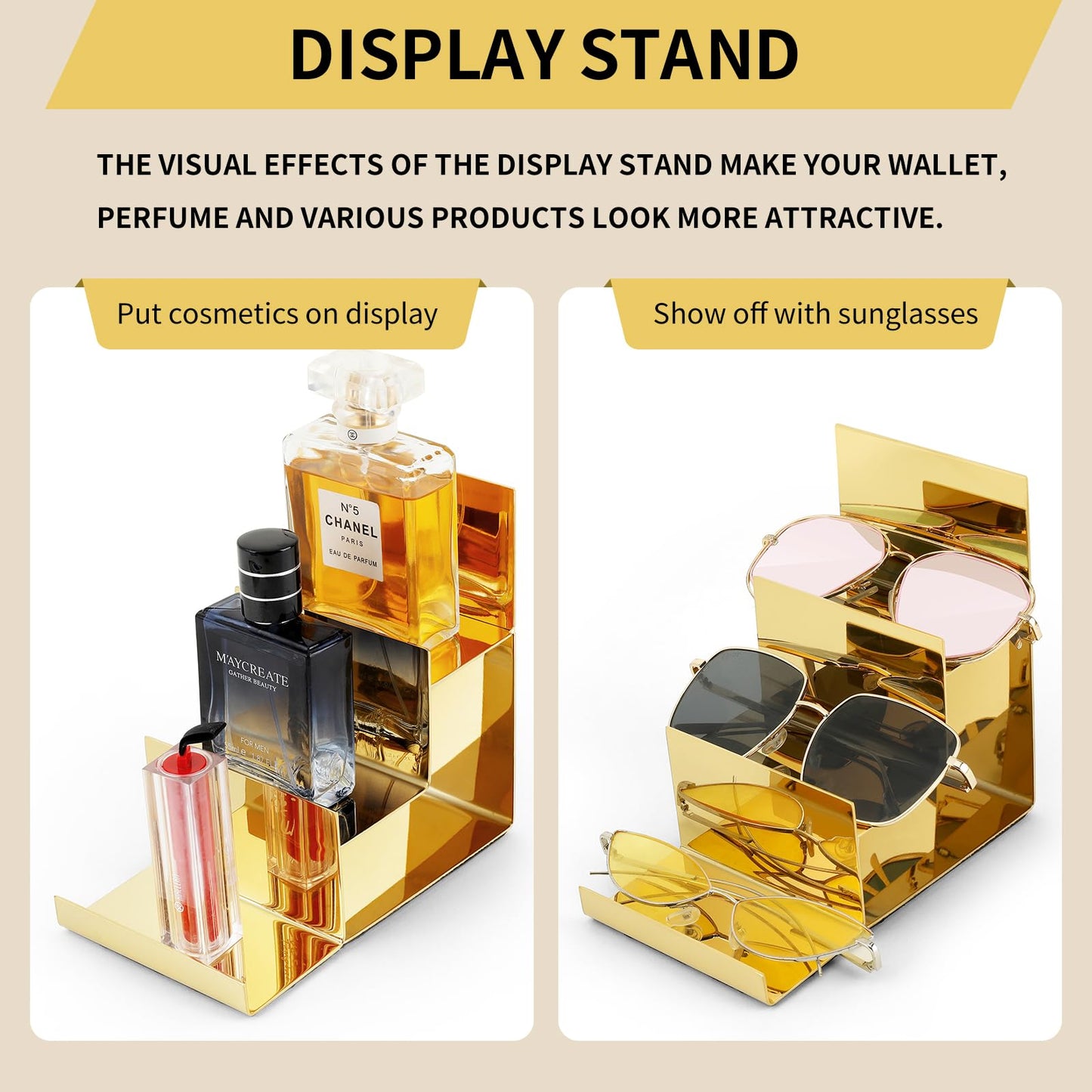 KMtilsh Gold Purse Display Stand,2pack Wallet Display Stand,3Layer Stainless Steel Heavy Duty Handbag Display Rack for Wallet, Perfume, Sunglasses Display