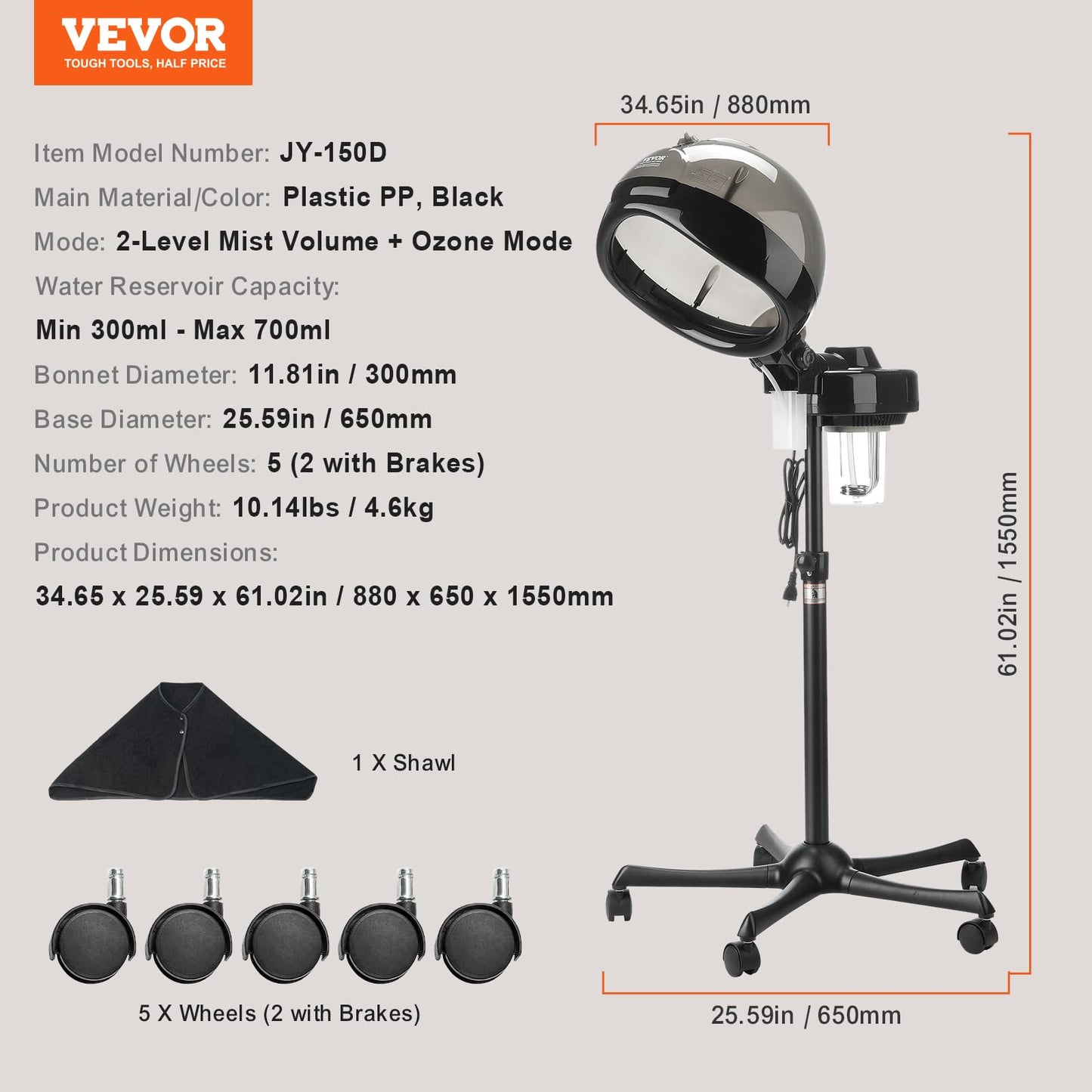 VEVOR Standing Hair Steamer for Deep Conditioning, Professional 11.81-inch Hooded Ionic Hair Steamer with 2 Modes, Height-Adjustable Hair Steamer with Timer, 5 Wheels (2 Lockable) for Home Salon Use