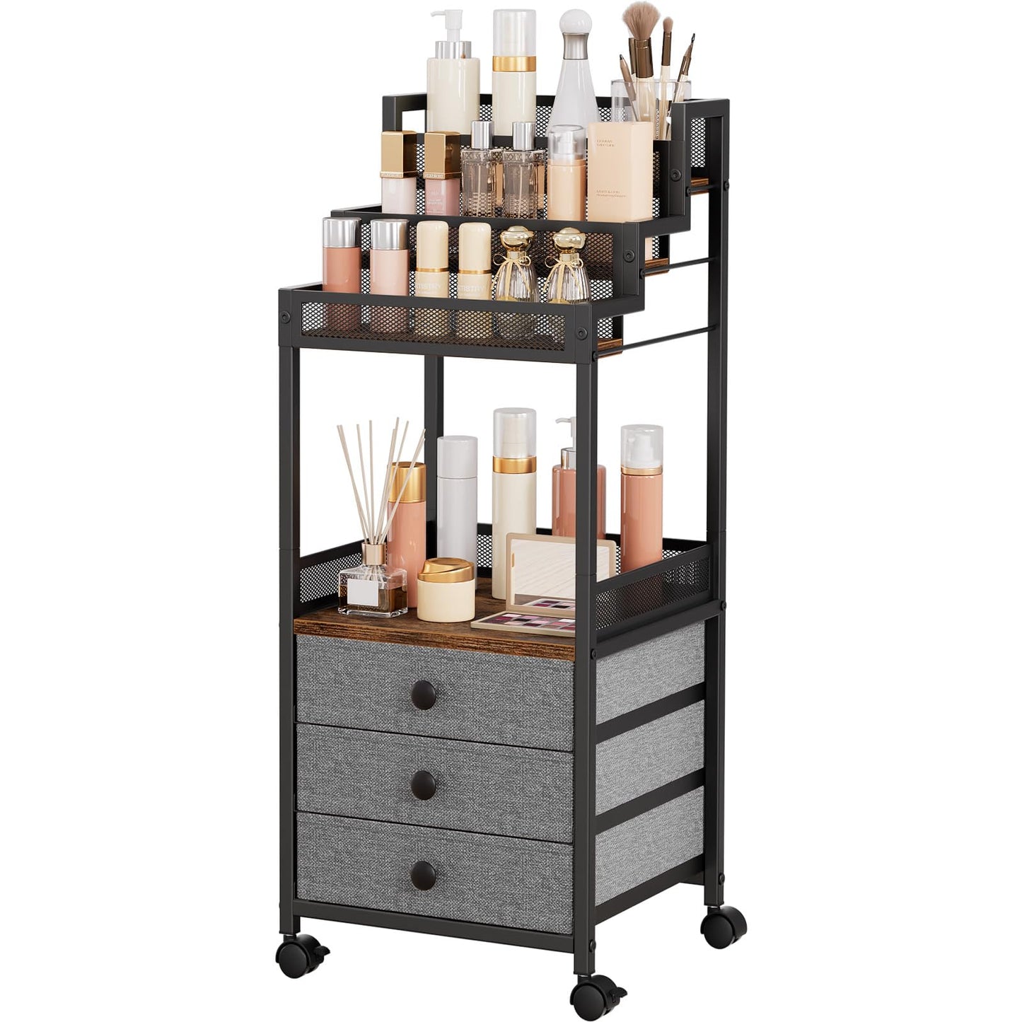 FURFUN Display Riser Stand Perfume Cologne Organizer, 13in Rolling Makeup Storage Cart with Fabric Drawers, Floor Vanity Cosmetics Display Cases for Skin Care Nail Polish Figures Rustic Brown