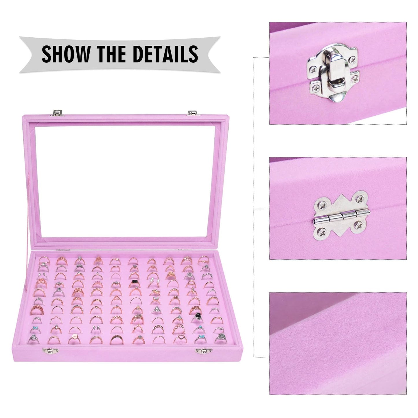 Siveit Velvet Ring Display Tray Organizer Box with Transparent Lid, 100 Slot Ring Holder Showcase For Store Display Jewelry Show Home, Pink