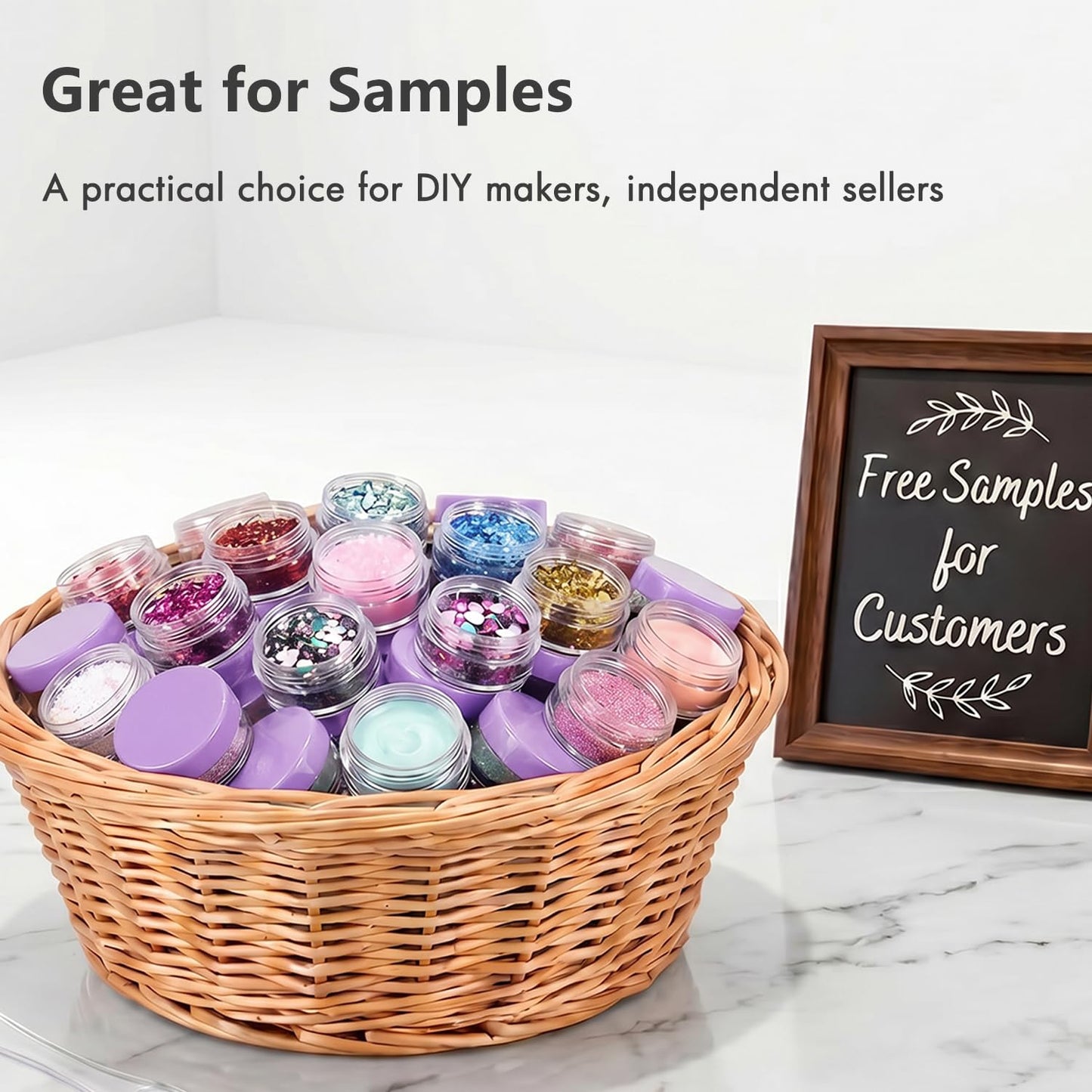5 Gram Sample Jars with Lids, 100 Count 5ML Empty Cosmetic Containers for Makeup, Travel, Glitter, Lotion, Cream, Beads, with Labels, Mini Spatulas
