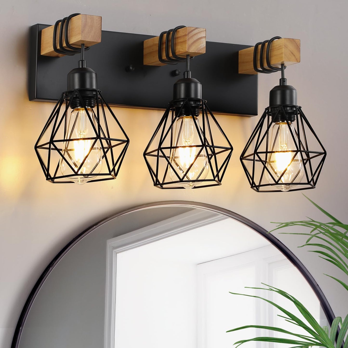 Farmhouse Vanity Light for Bathroom, 3-Light Wood Bathroom Vanity Light Fixtures Over Mirror, Black Rustic Sconces Wall Lighting with Metal Lampshade for Living Room, Bedroom, Hallway