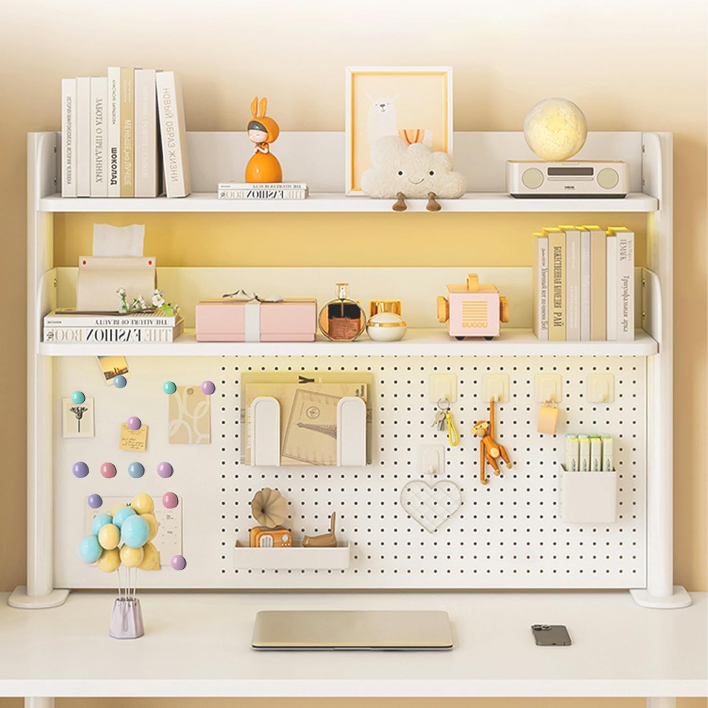 jvsufuik Clamp On Desk Organizer Shelf,White Desk Extender Pegboard Workstation,Computer Desk Accessories for Office, Desktop Shelving System,Desktop Bookshelf Storage Shelves for Desk,23.6in