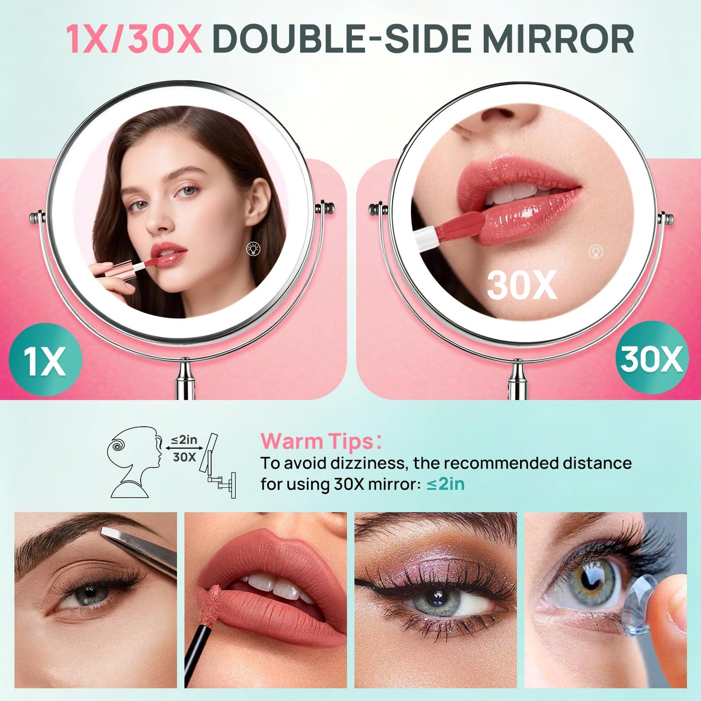 SANFANGIE Wall Mounted Lighted Makeup Mirror: 3000mAh Rechargeable Double Sided 1X/30X Magnifying Mirror with Light for Bathroom, 3 Color Lighting, Touch Screen Dimming, Extended Arm 360 Rotation