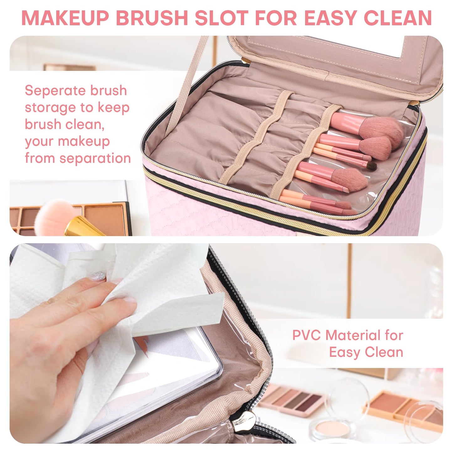 HXLGMD Double Layer Travel Makeup Bag Women, Cosmetic Organizer Case, Travel Essentials Accessories with Shoulder Strap for Bottles, Brushes, Conditioner, Skin Care Products, Pink