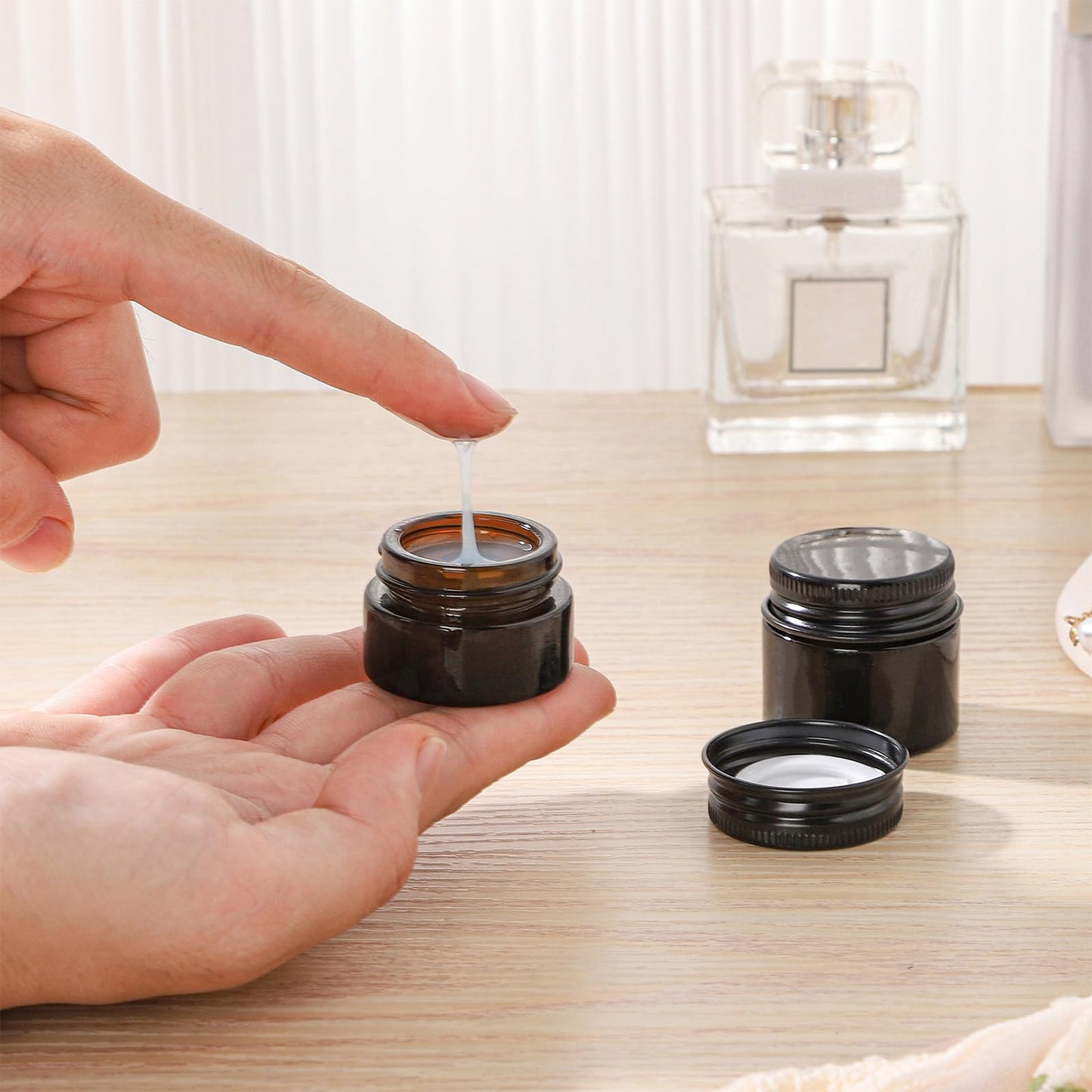RAMFIYN 24 pack 5ml Amber Glass Cosmetic Jars with Black Metal Lids Empty Lip Balm Containers with Inner Liner Tiny Sample Jar with Label for Wax Salve Lotion