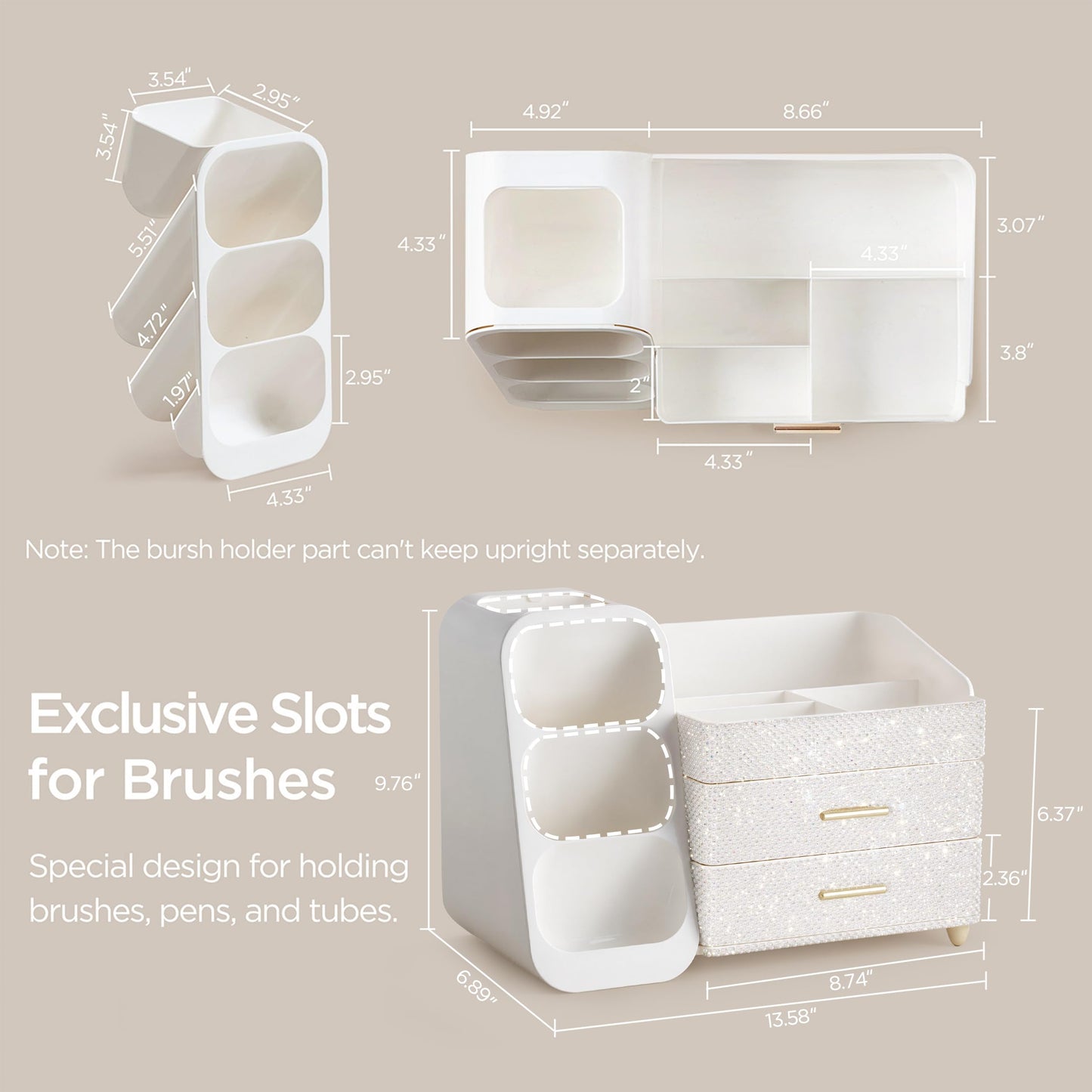 HBlife Makeup Organizer with Brush Holder for Vanity, Large Plastic Bathroom Countertop Organizer Skin Care Storage, Easy to Store Nail Polishes, Perfumes, Eyeshadow Palettes, Pearl All White