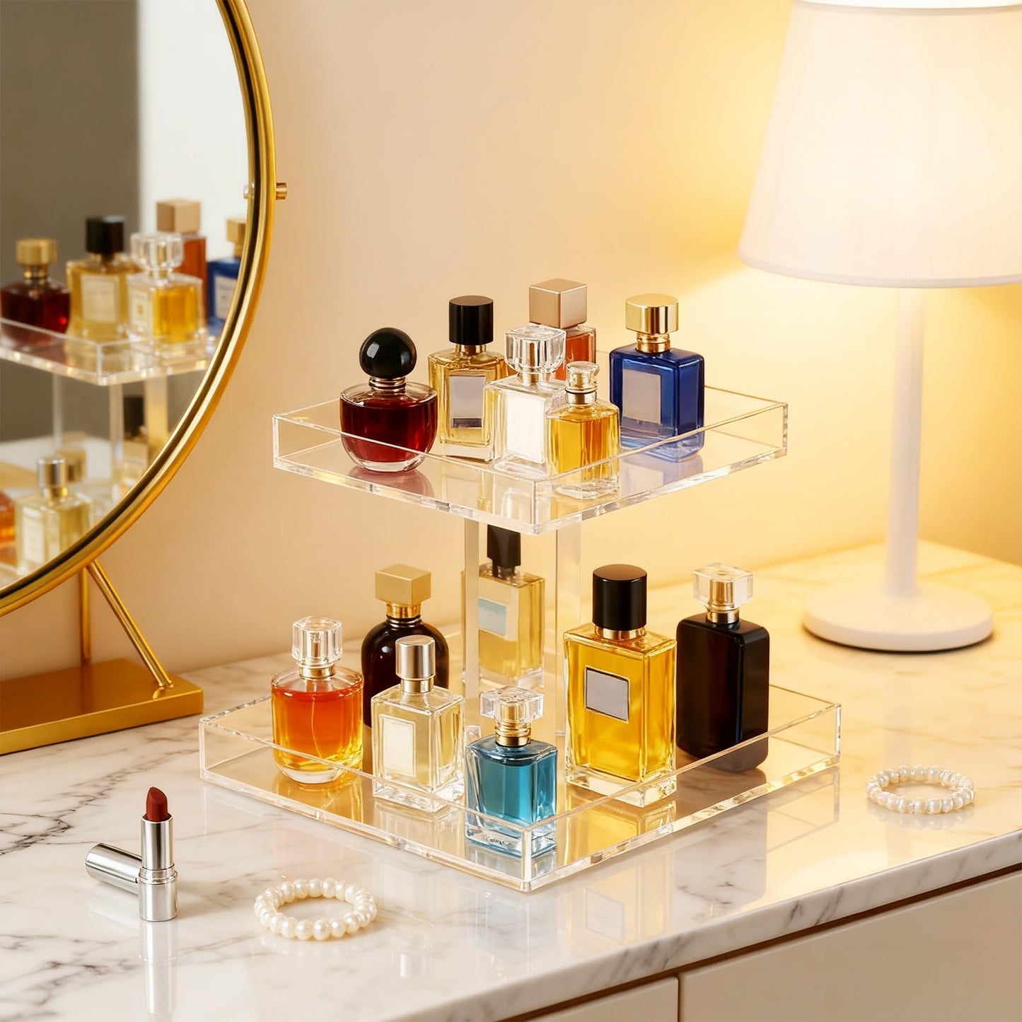 hidyuuoo 2-Tier Acrylic Bathroom Cosmetic Storage Organizer for Dresser and Countertop Standing Perfume Tray for Bedroom Decor