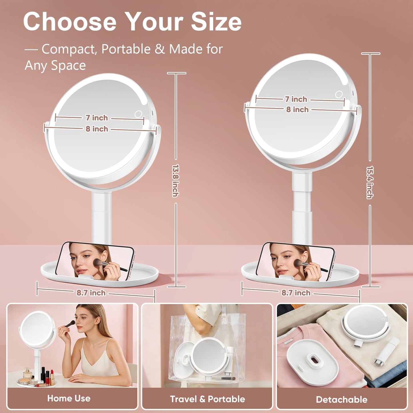 GONOBLE Lighted Makeup Mirror with 10X Magnification, Rechargeable LED Magnifying Vanity Mirror with 3 Lights, Adjustable Height, Storage Base and Phone Holder, White, 7 inch