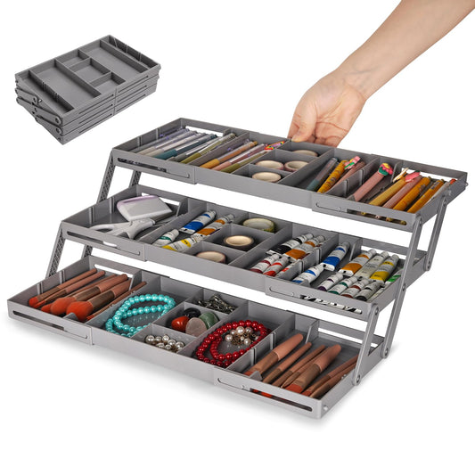 3 Tier Drawer Organizer - Expandable Junk Drawer Organizers Smart Office Supply Organizer, Folding Drawer Storage Multi-level Desk Organizer for Makeup,Jewelry,Cosmetics,Kitchen Storage (1 Row 3 Tier)