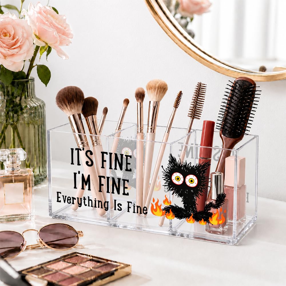 UAKXOIF It's Fine 3 Compartment Acrylic Makeup Organizer & Pen Holder, Black Cat Cosmetic Storage Box for Lipstick Brushes Skincare, Desk Organizer for Office School Vanity, Office Gifts for Coworker