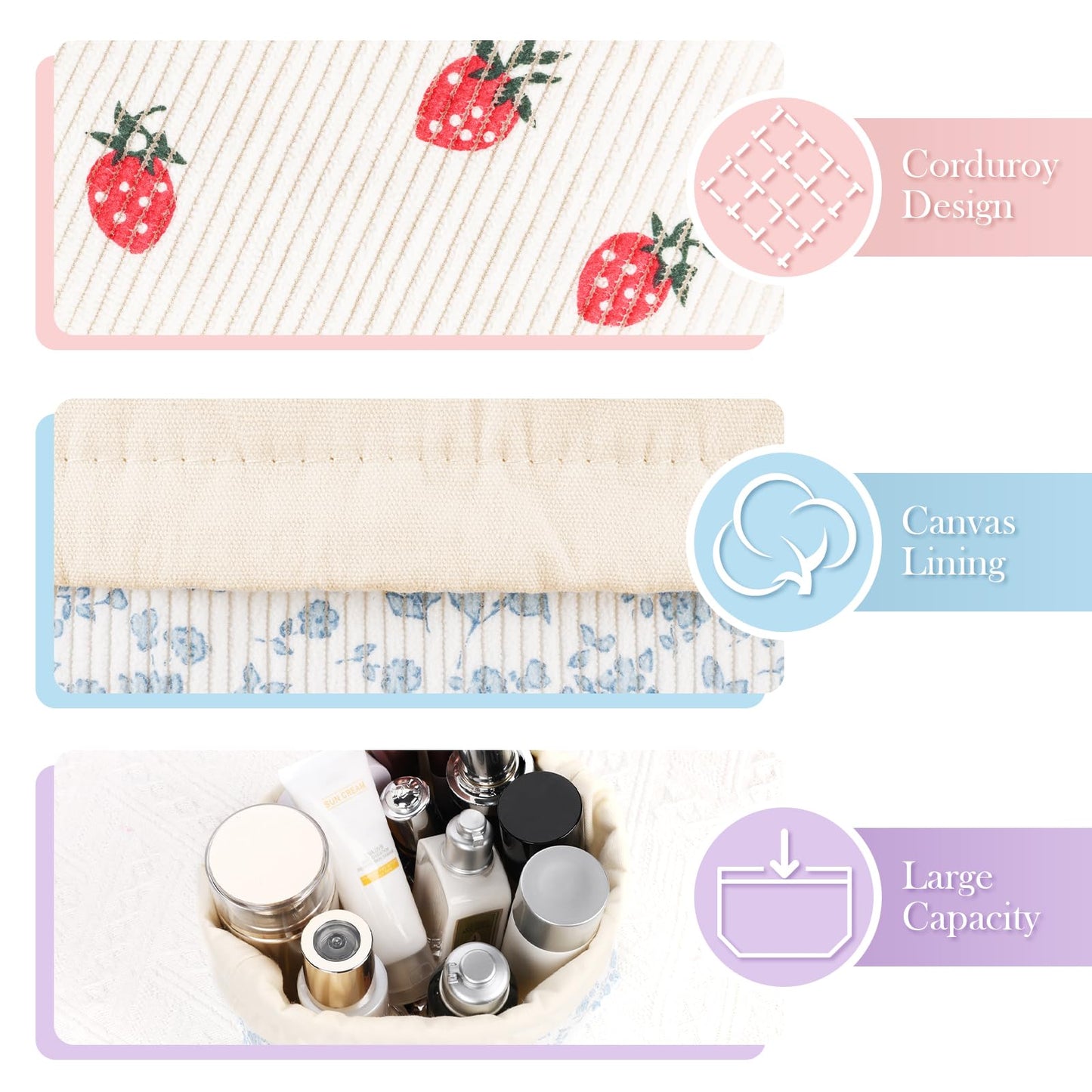 Playexen Corduroy Drawstring Makeup Bag, Coquette Small Cosmetic Bag for Purse, Portable Cute Travel Makeup Pouch for Women Daily Use, Birthday/Party/Christmas Gifts (Strawberry)