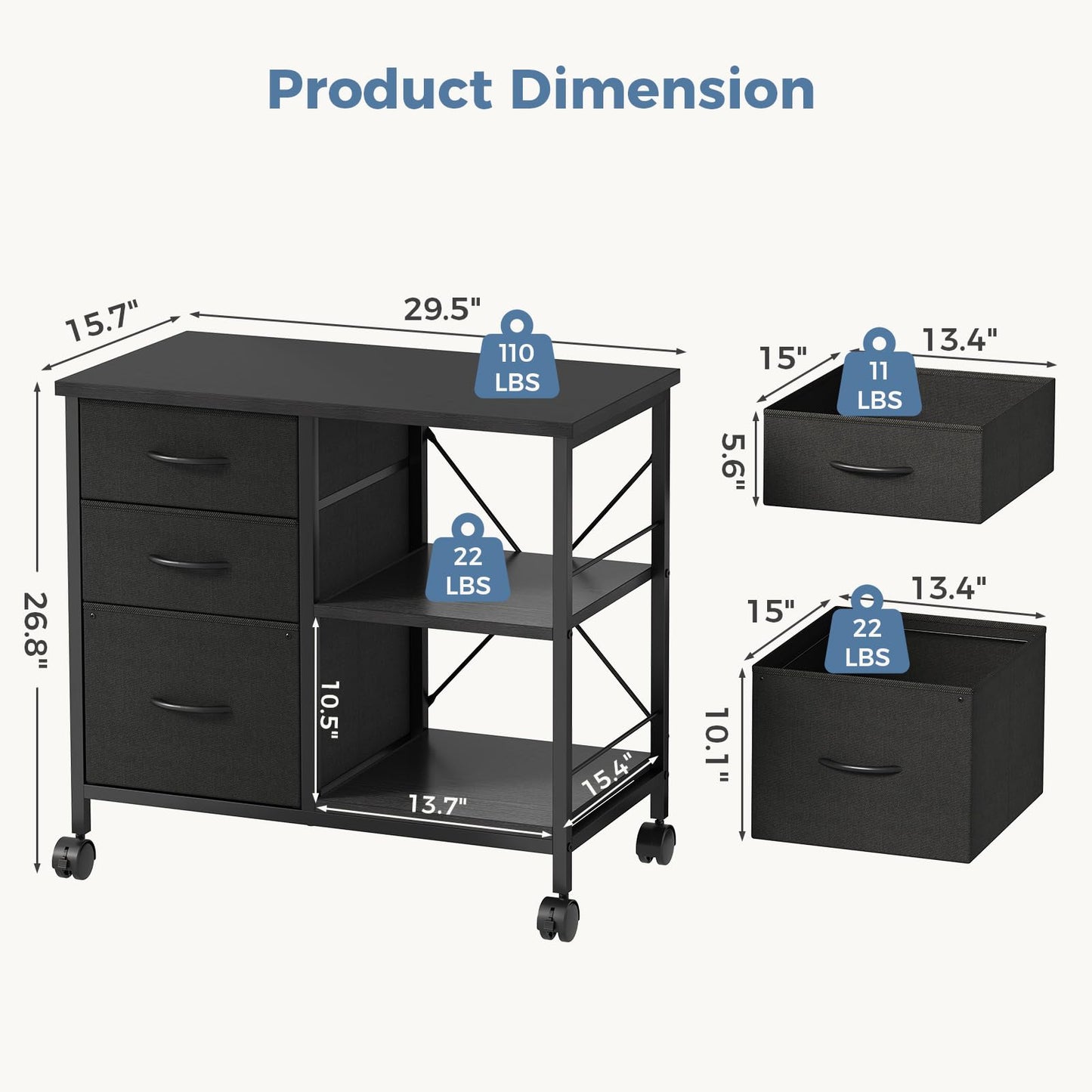 DUMOS 3-Tier Mobile File Cabinet, Printer Stand with Storage, Office Table with Drawers and Back Support Bar, Holds 110lbs for Home Office, Rustic Black