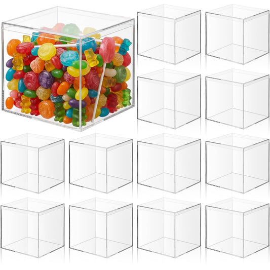 kenaeooe 12 Pcs Clear Acrylic Box with Lid, 4 x 4 Inch Square Decorative Storage Container for Candy, Little Trinkets, and Jewelry Display