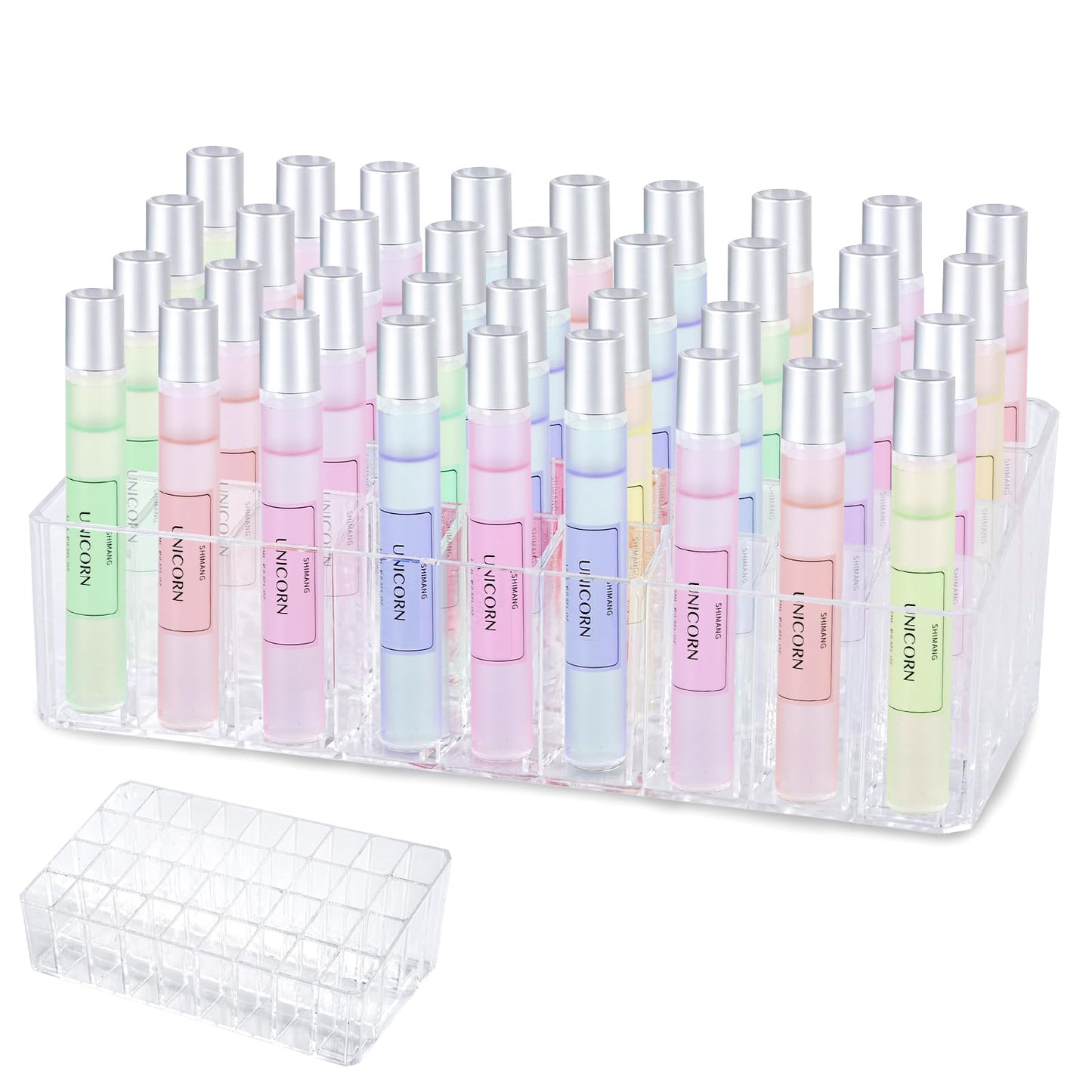 IPENP Rollerball Perfume Organizer, Beauty Scent Holder, 36 Space Clear Acrylic Perfume Organizer Refillable Container Tall Scented Oil Storage Display Case, Makeup Lipgloss Lipstick Display Case