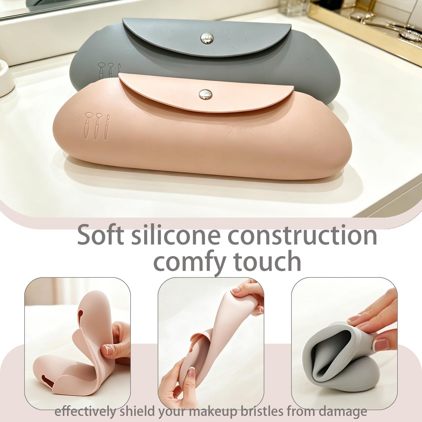 Silicone Makeup Brush Holder & Foldable Brush Cleaner Set – Travel Brush Case with Magnetic Closure, Portable Cleaning Bowl for Brushes, Sponges, and Powder Puffs (Light Pink)
