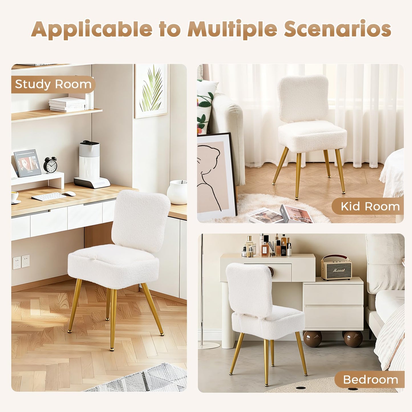 2BYF Small Vanity Chair with Storage & Folding Backrest, White