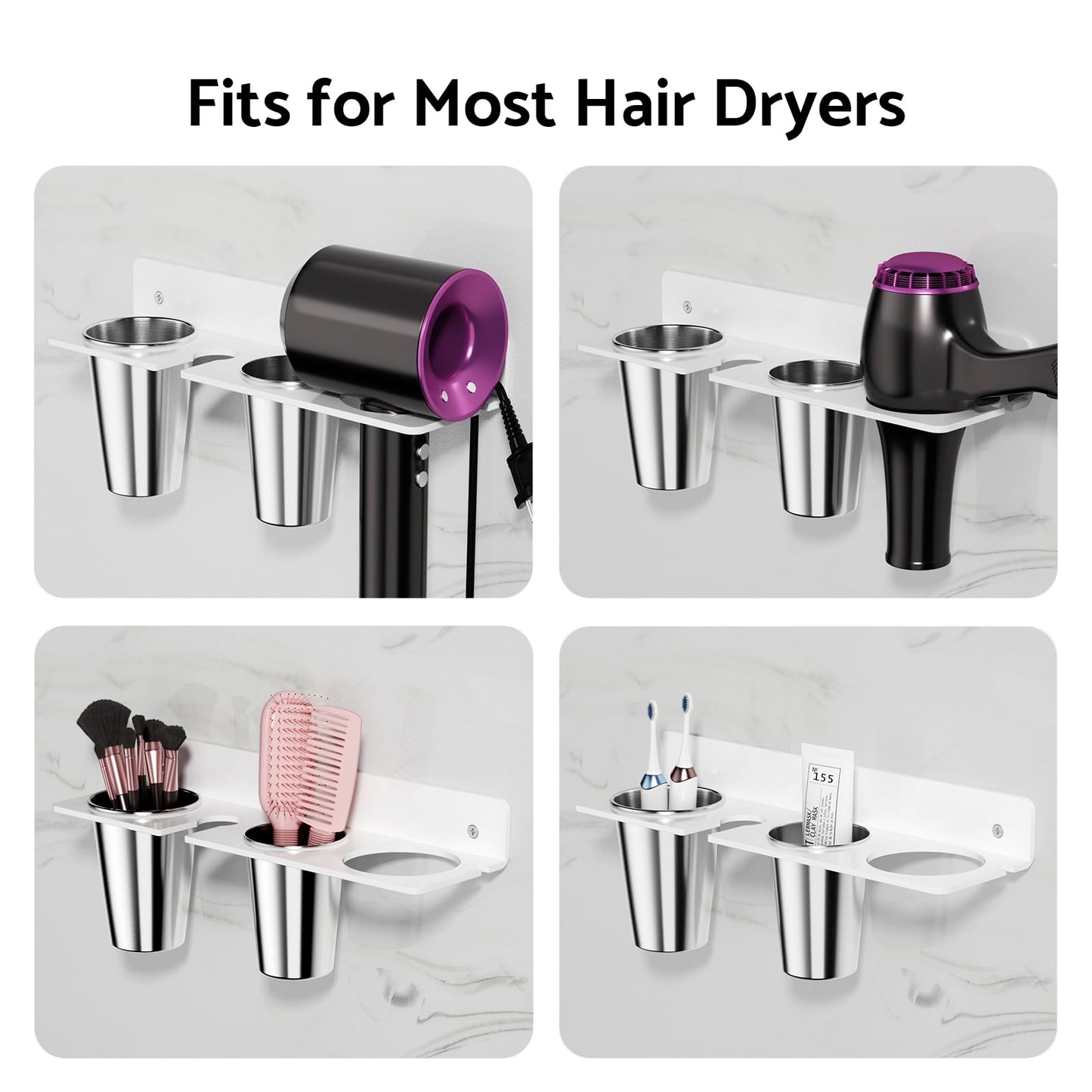 HIIMIEI Hair Tool Organizer Wall Mount, White Acrylic Hot Tool Holder with 2Cups, Bathroom Hair Styling Accessories Storage Organizer for Flat Iron, Blow Dryer, Curling Wand