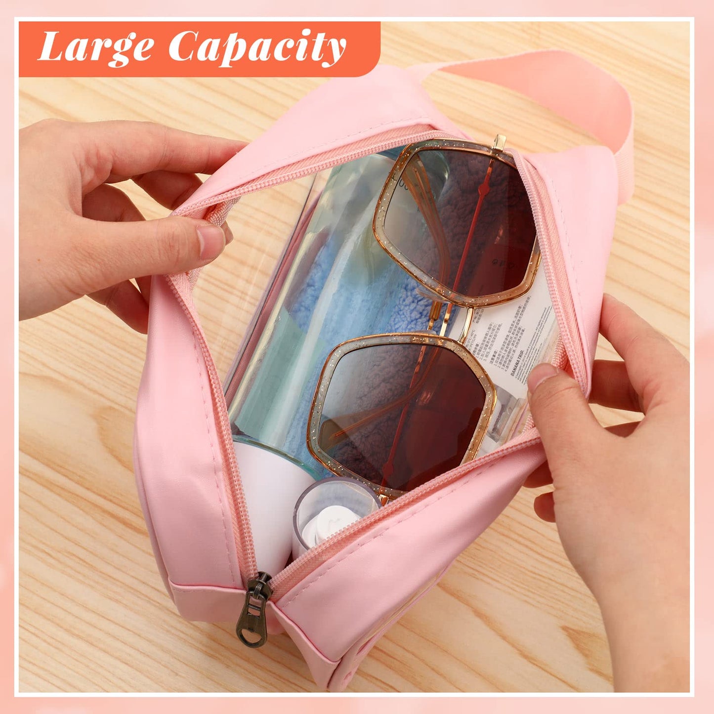 Tanlade 18 Pcs Clear Cosmetic Bags Bulk, Translucent Makeup Toiletry Bag for Women Waterproof Portable Cosmetic Bag Set Traveling Make up Organizer(Pink)