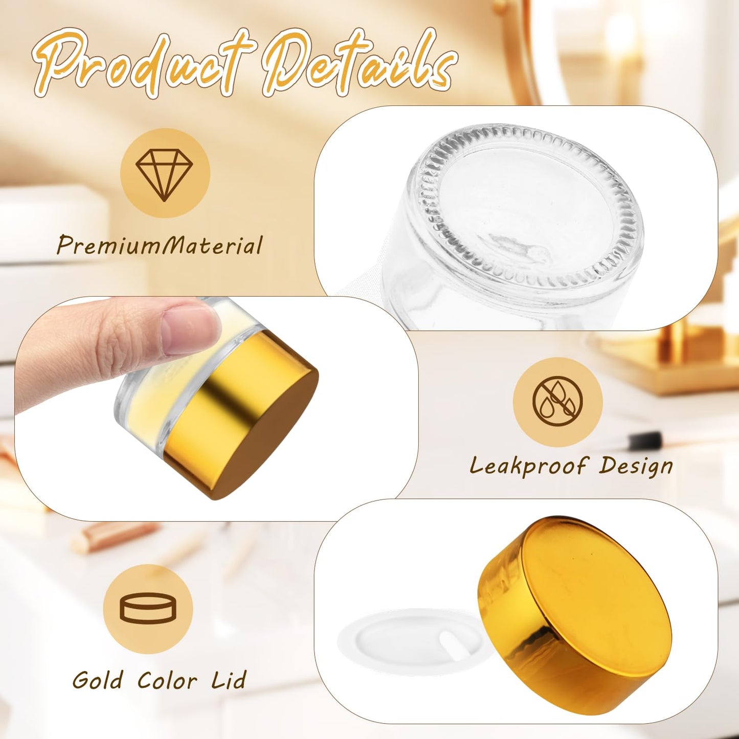 24 Pcs Clear Glass Jars Refillable Cosmetic Containers Empty Round Storage with Gold Color Lids for Eye Cream Lotion Spice Powder Liquid Sample Make Up - 5g/0.17oz