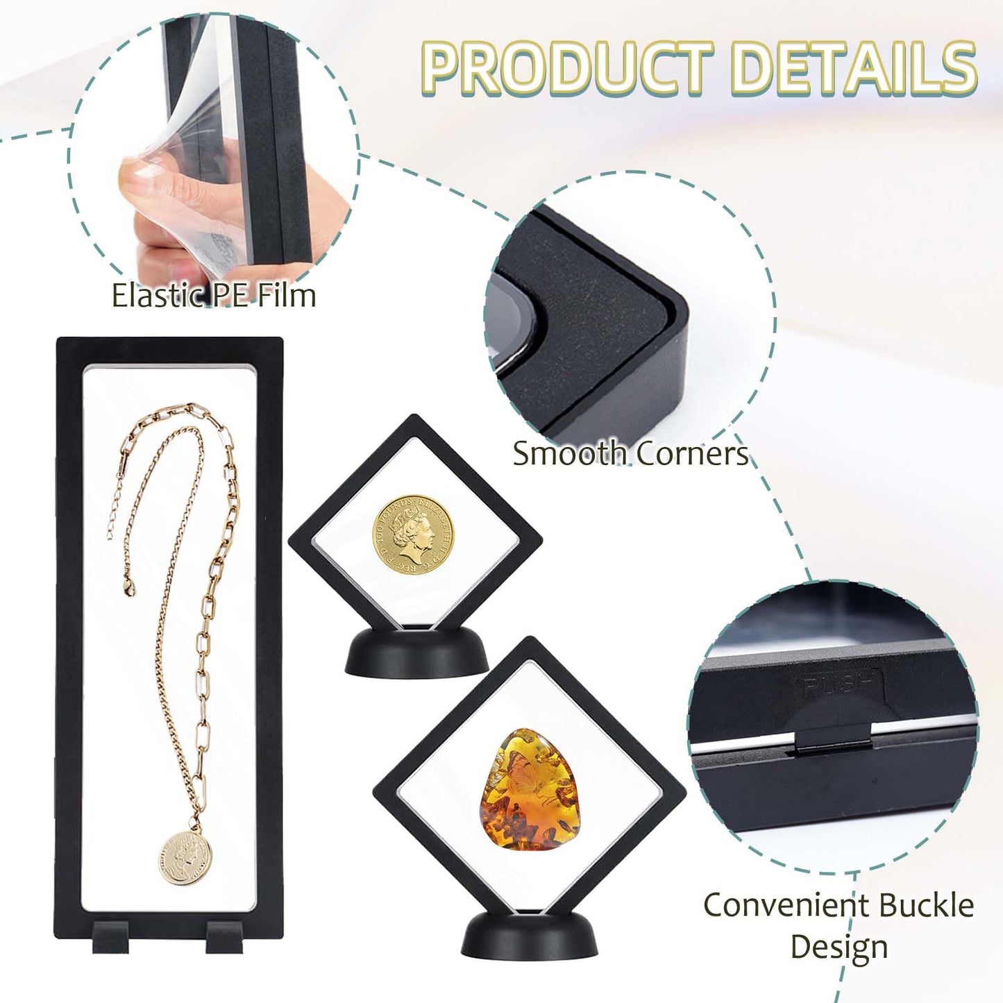 YUX-DTDSU 15 Pack 3D Floating Frame with Bases, Transparent PE Display Case, Black Challenge Coin Display Stand Holder, Large Suspension Jewelry Storage Boxes for Medals, Specimen, Medallions, Stamps
