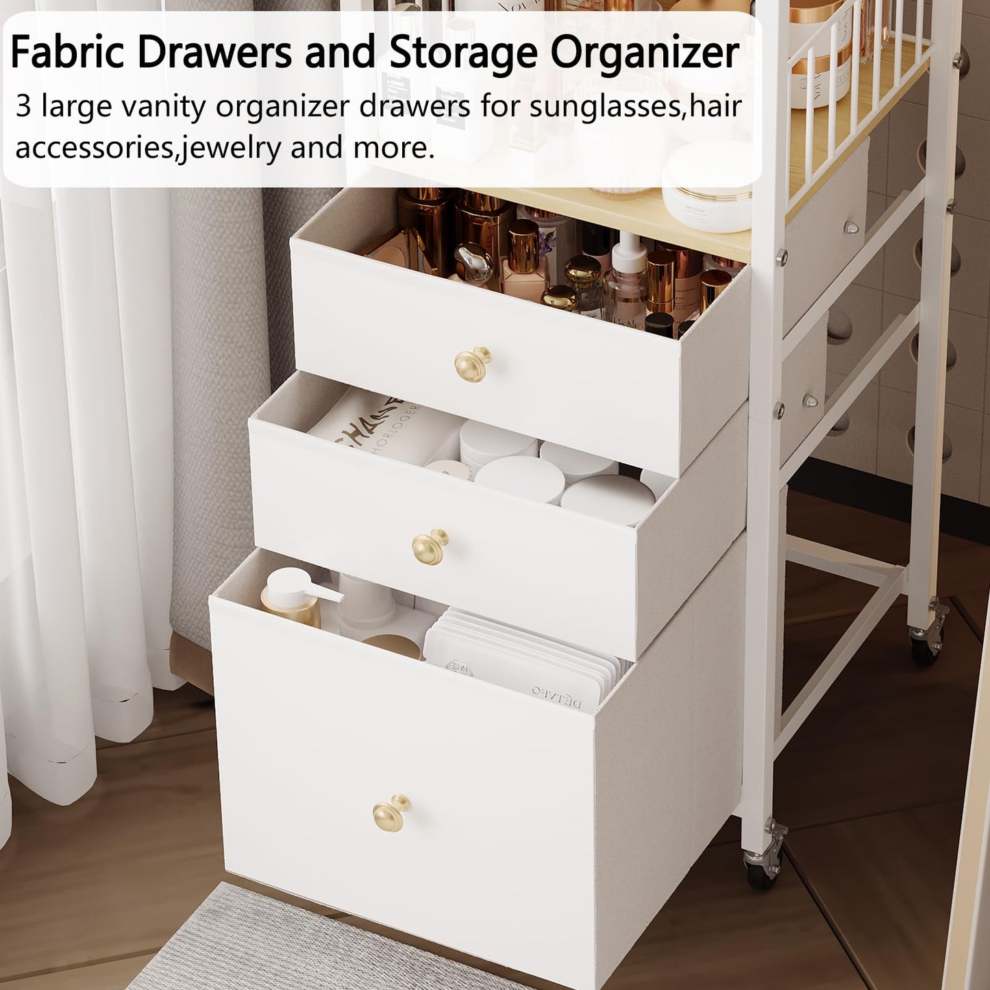 Makeup Organizer Cart with Drawers, Make up Organizers for Vanity, Floor Skincare Organizers- for Cosmetics, Nail Polish, Art Supply, Bathroom Vanity Desktop Organizer (White)