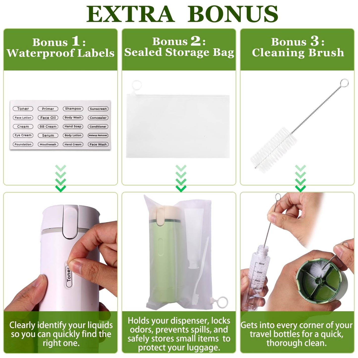 4 in 1 Travel Dispenser, 4 Pack 30ML Leak Proof Travel Size Bottles with Stickers, Brush & Storage Bag, Refillable TSA Approved Travel Toiletry Container Set for Shampoo, Lotion, Conditioner (White)