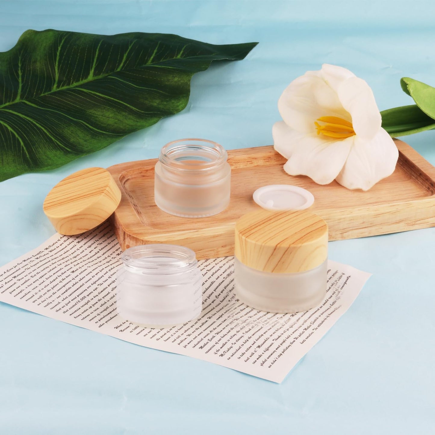 20 Pcs Frosted Glass Jars Reusable Cosmetic Canning Container with Wood Grain Lid for Lip Scrub Cream Lotion Ointments Powder - 15g/0.5oz