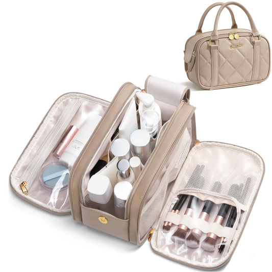 Bagstellar Travel Makeup Bag, Large Capacity Quilted Toiletry Bag for Women Stand-up Cosmetic Bag Open Flat Make Up Case Organizer Portable Pouch Purse w/Handle for Traveling Accessories, Camel