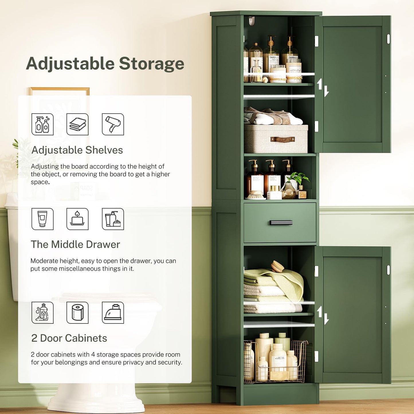 TEENFON 67" H Tall Bathroom Storage Cabinet with Barn Doors and Drawer, Narrow Bathroom Cabinet, Narrow Storage Unit, Adjustable Shelves, Floor Cabinets for Living Room, Forest Green