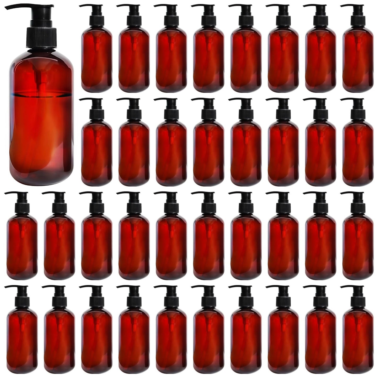 40 Pcs Empty Lotion Bottles with Pump 8oz - Refillable Amber Plastic Bottles, Liquid Dispensers with Secure Pumps, 250ml Travel-Size Containers for Lotion, Shampoo, Conditioner, Body Wash