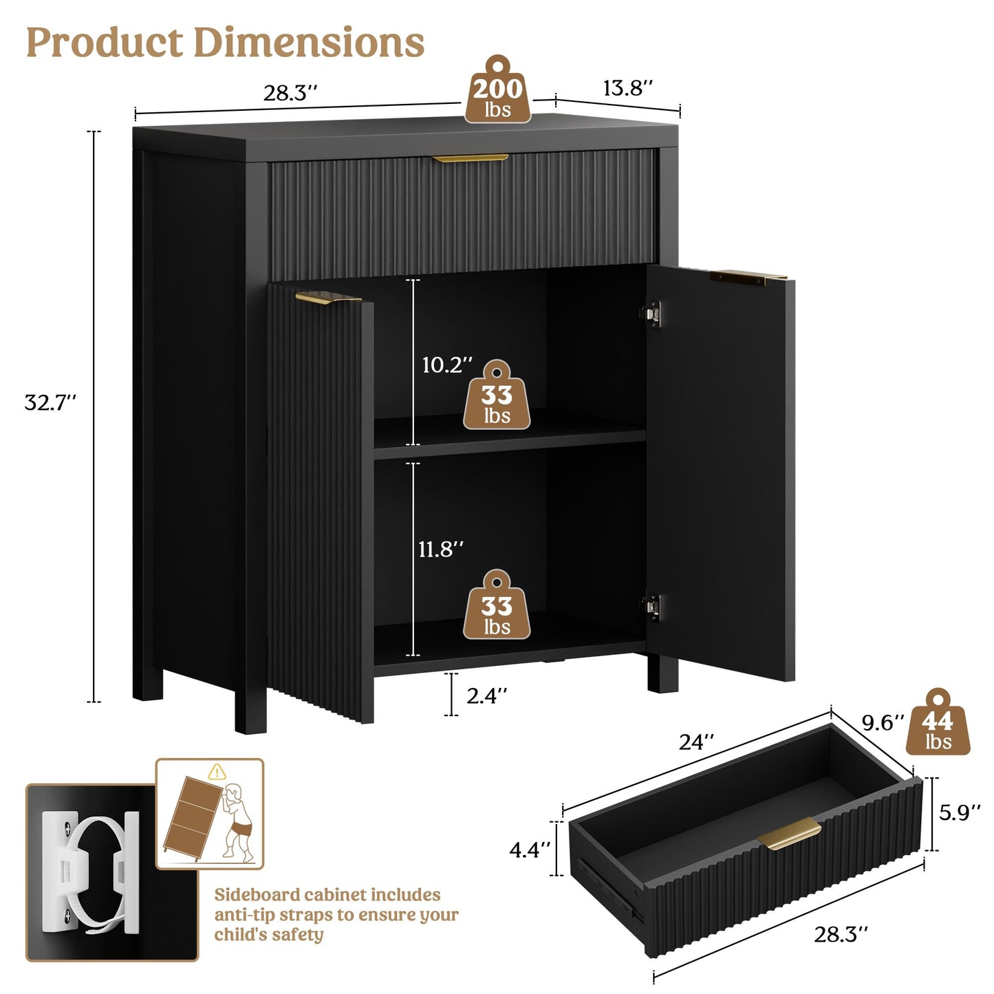 Lulive Fluted Buffet Cabinet for Kitchen, 28.3" Sideboard Cabinet Black