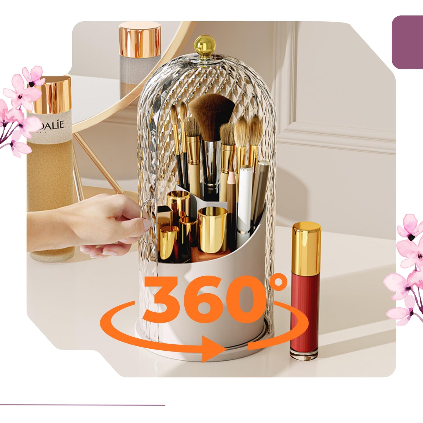 LEAFEEL LEFEEL Lumière Mini 360 Rotating Makeup Organizer with Lid, Diamond Cut Cosmetic Organizer - Dustproof Vanity Organizer for Makeup Brushes, Toothbrush & Bathroom Countertop （White