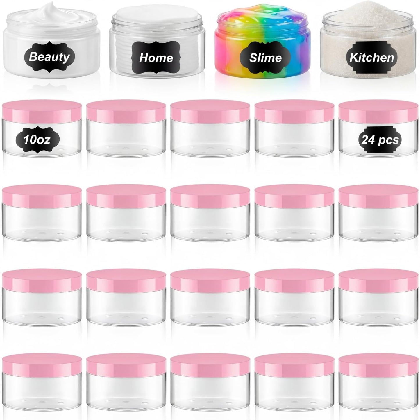 Dandat 24 Pcs 10 oz Plastic Jar Container with Pink Lid and Label Refillable Empty Round Clear PET Cosmetic Sample Slime Containers for Lotion, Cream, Ointments, Body Butter, Makeup, Travel Storage