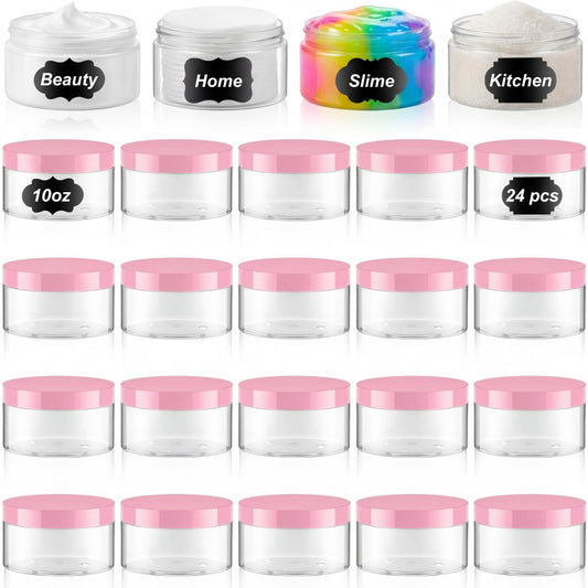 Dandat 24 Pcs 10 oz Plastic Jar Container with Pink Lid and Label Refillable Empty Round Clear PET Cosmetic Sample Slime Containers for Lotion, Cream, Ointments, Body Butter, Makeup, Travel Storage
