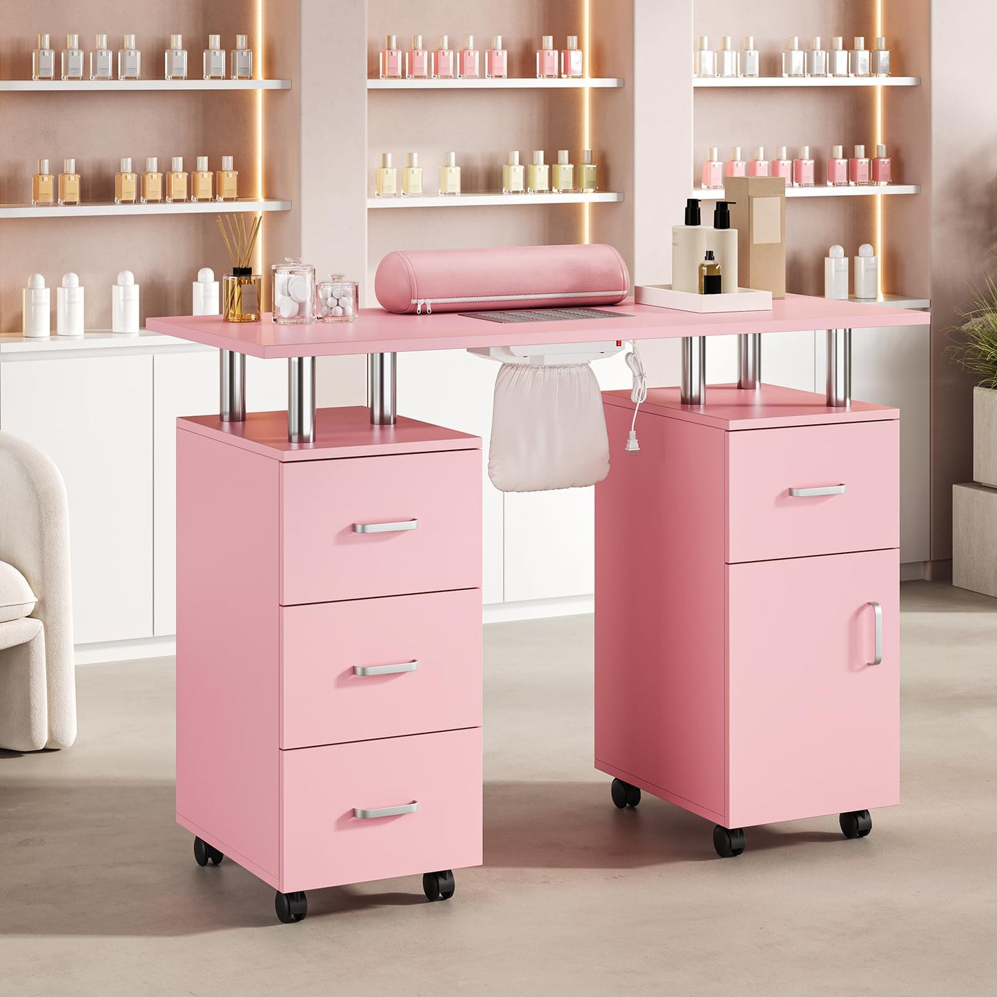 PeacefulHues Manicure Table Nail Desk, Nail Station with Electric Dust Collector, Wrist Rest and Storage Drawers Cabinet, Beauty Salon Workstation for Nail Tech, Pink