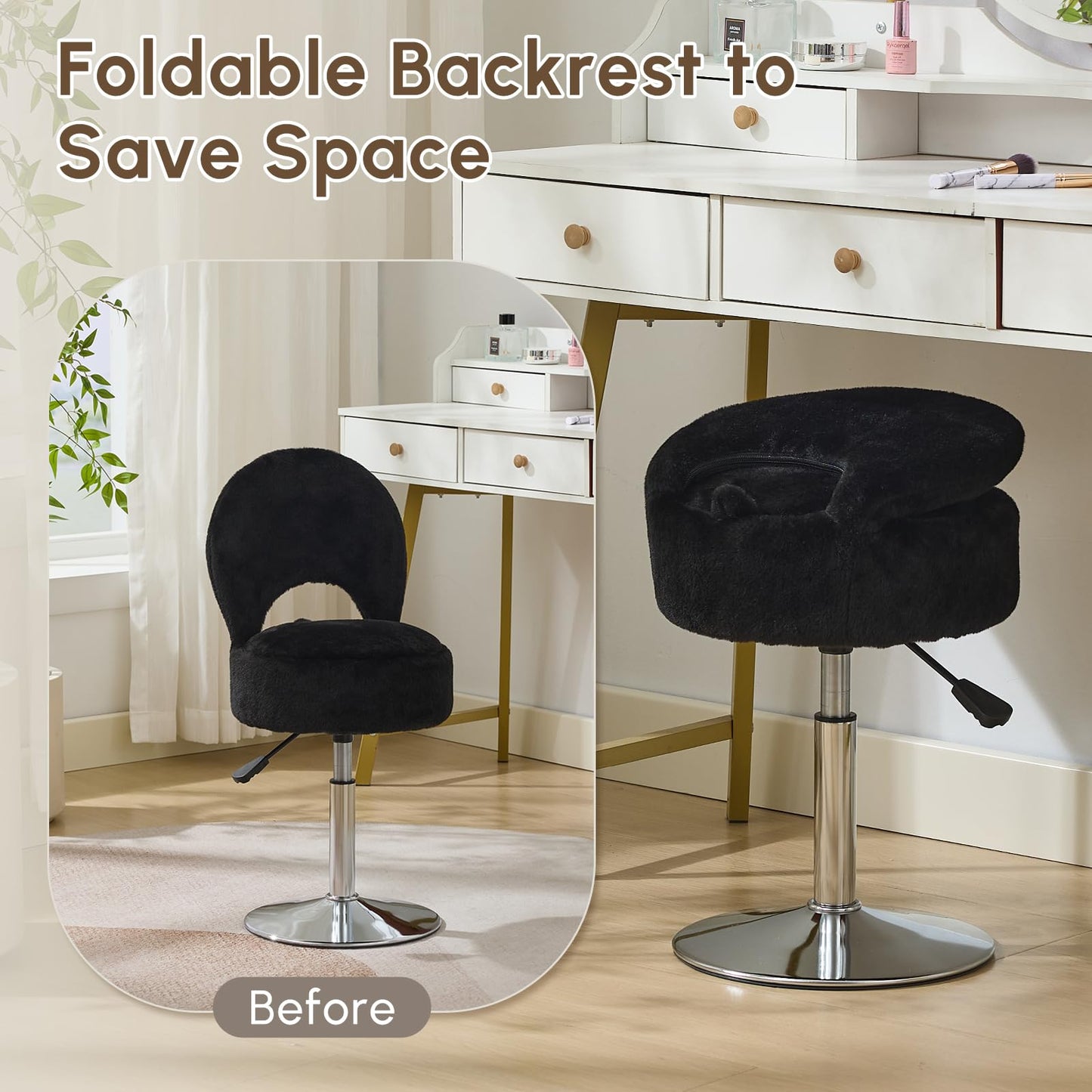 RUCUKEN Small Black Vanity Stool Chair with Storage Ottoman Adjustable Vanity Chair with Folding Back, Makeup Ottoman Stool for Vanity Chrome Finish