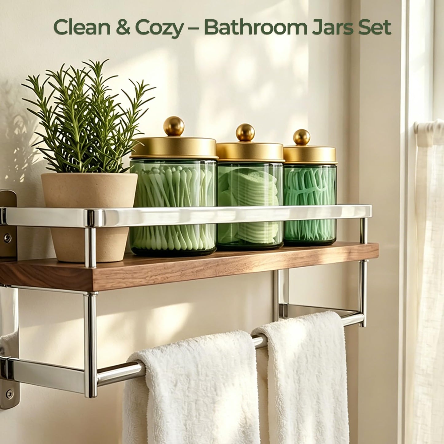 Amolliar 4 Pack Apothecary Jars Bathroom Vanity Storage Organizer Set -Countertop Canister with Stainless Steel Lids &Stickers Qtip Dispenser Holder for Cotton Swab (Green-golden Lid)
