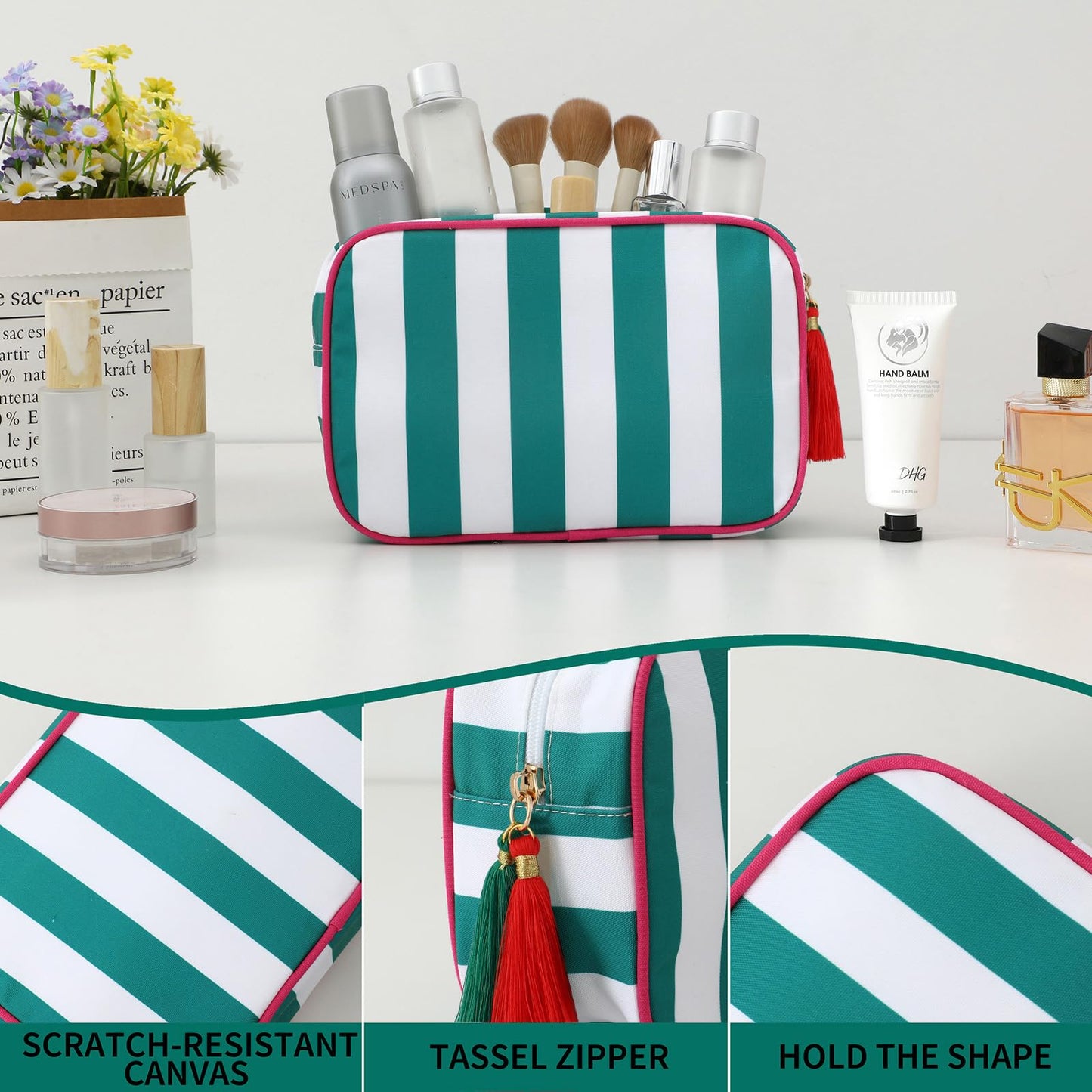 EMBRUNIOICE Stripe Makeup Bag Travel Cosmetic Bag Organizer Tassel Toiletry Bag Large Canvas Zipper Pouch and Mahjong Tile Bag (White with Green)