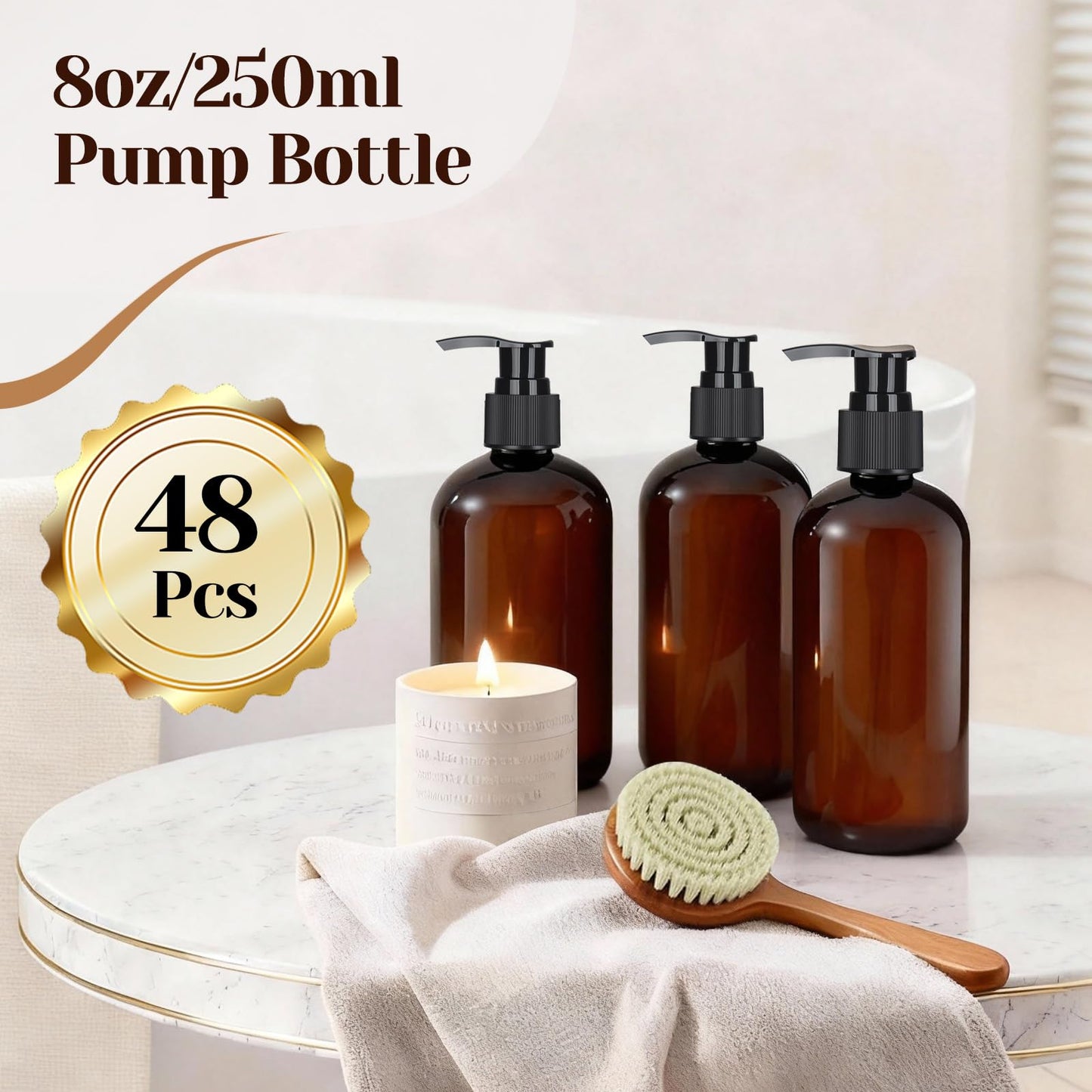 48 Pcs 8oz Plastic Amber Bottles with Pump Refillable Shampoo Dispenser Empty Hand Soap Pump Bottle Body Wash Container Bulk