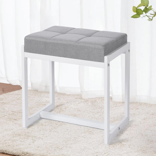 FLYZC Vanity Stool, Vanity Chair Stools for Makeup Room, Square Linen Makeup Stool for Vanity, Modern Padded Small Ottomans Foot Rest for Bedroom Living Room, Grey & White