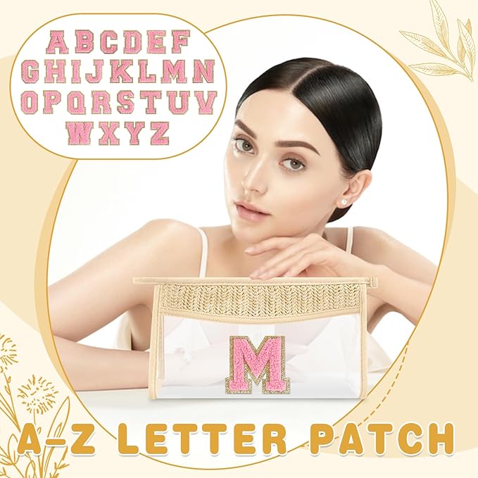 Small Boho Straw Initial Letter Makeup Bag Personalized Gift ,Cute Clear Chenille Patch Makeup Bag With Zipper,Trendy TSA Approved Travel Toiletry Bag,Gift for Women Girls Birthday Friend, Letter M
