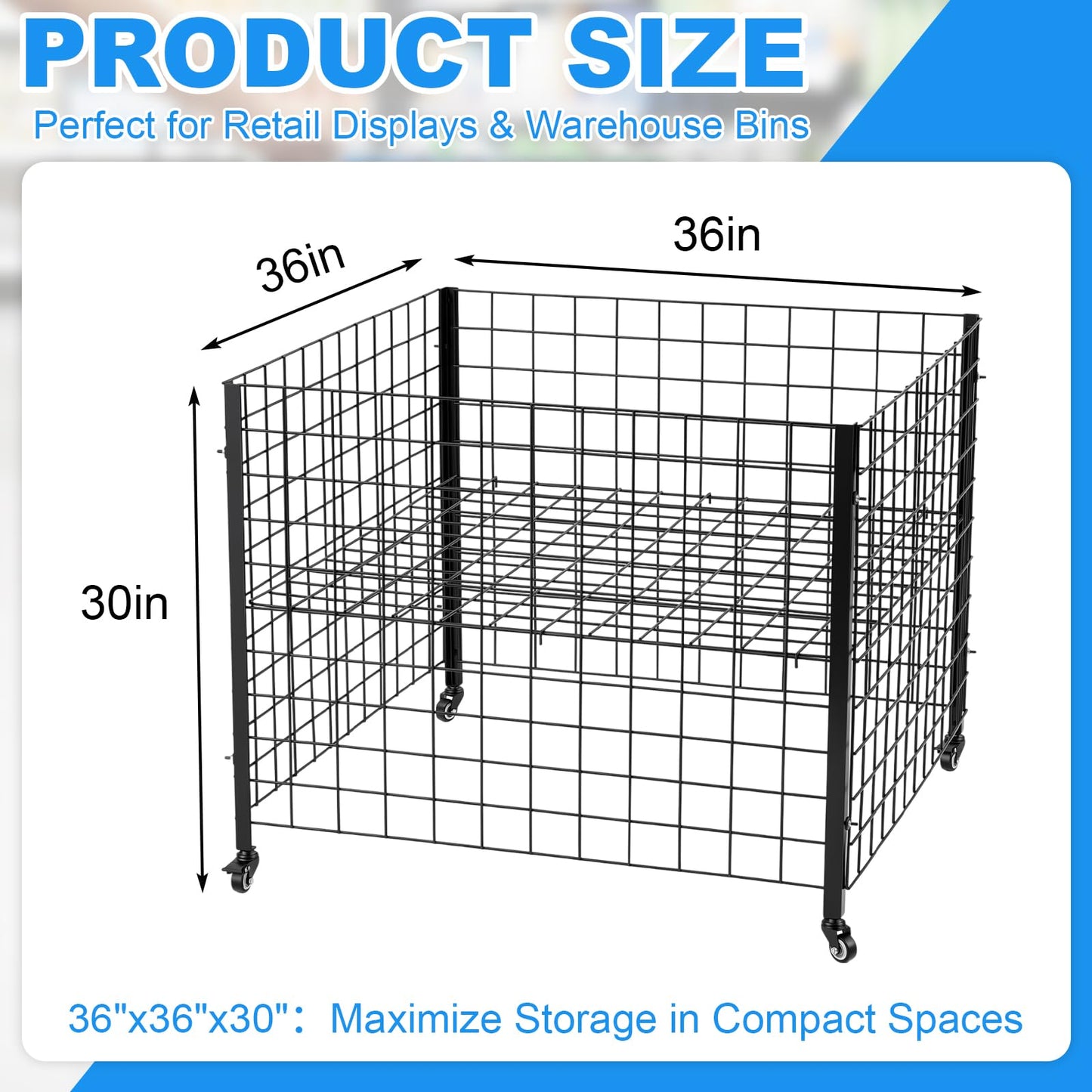 Leinuosen Heavy Duty Metal Rolling Dump Bin with Adjustable Internal Shelf and Locking Casters, Retail Display Storage Basket for Store Warehouse Donation Inventory Organization(36 x 36 x 30 Inches)